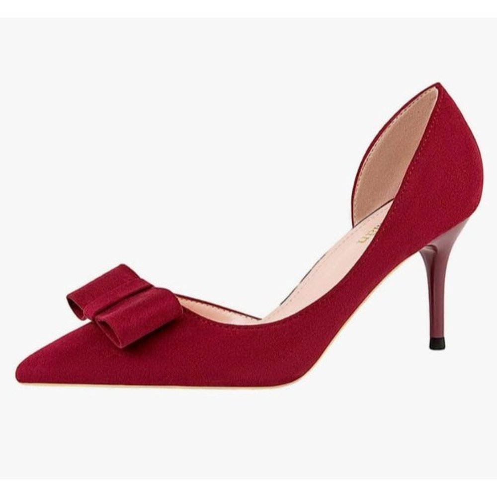 joeupin women's low heel pumps bow pointed toe kitten heels slip